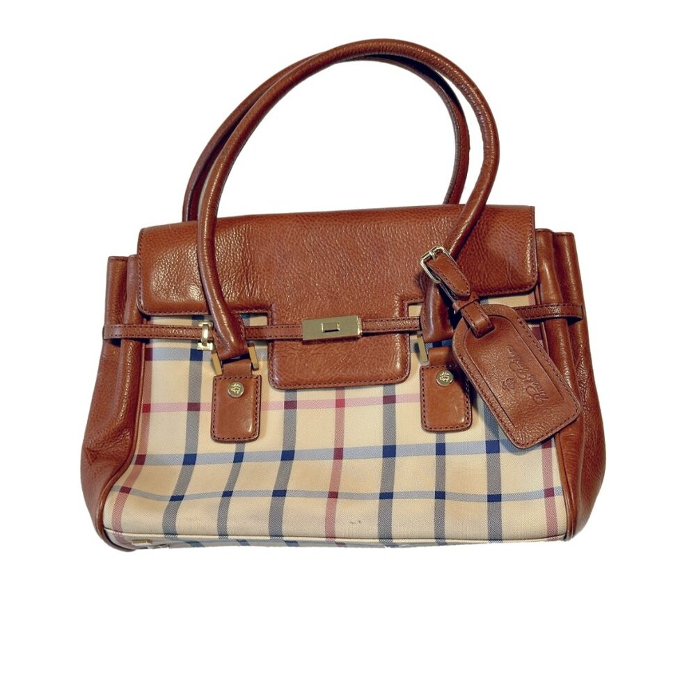 Brooks Brothers | Cognac Leather Plaid Checked Canvas Double Handle Satchel